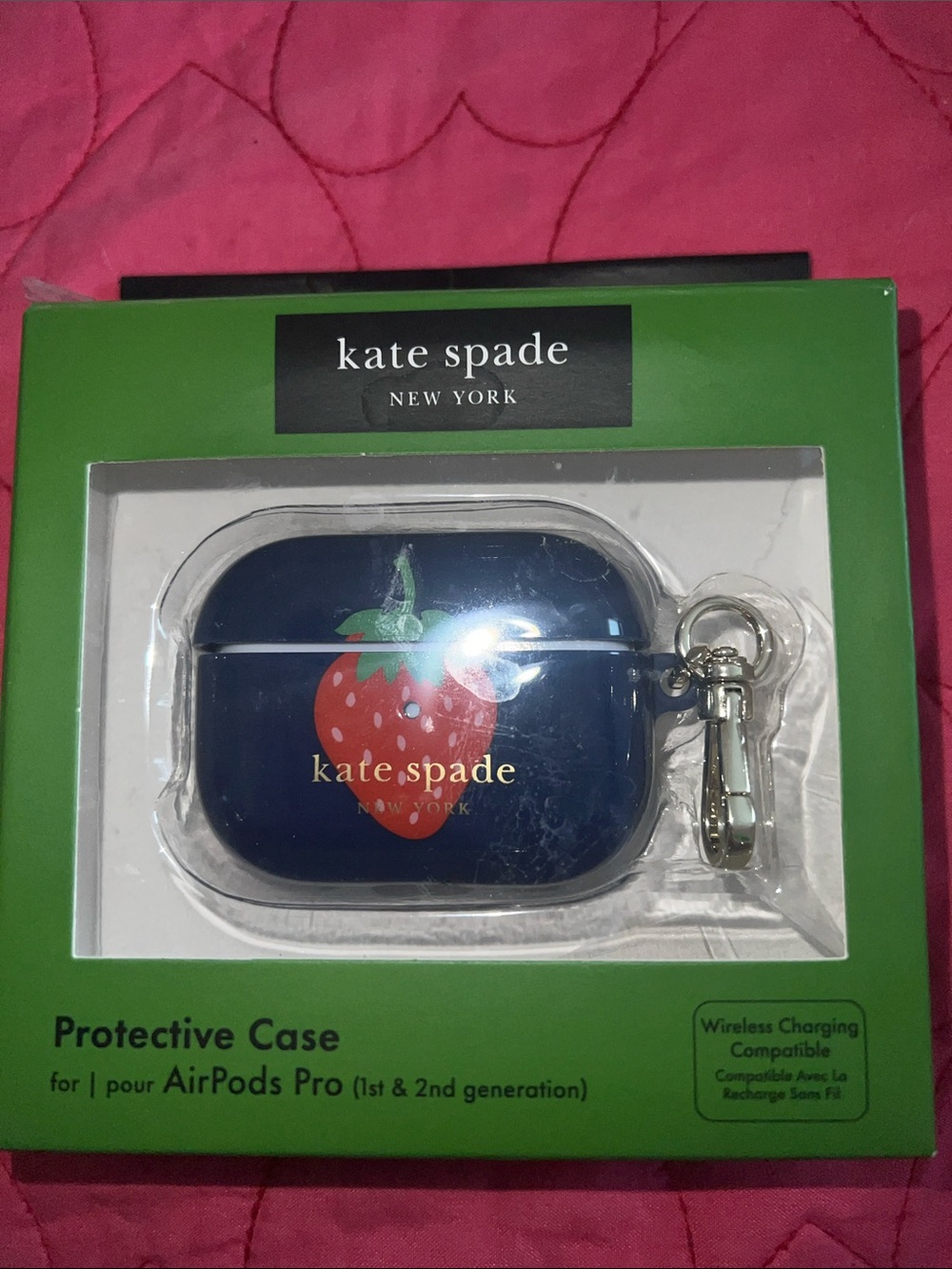kate spade Navy Strawberry AirPods Pro Case with Keychain Clip